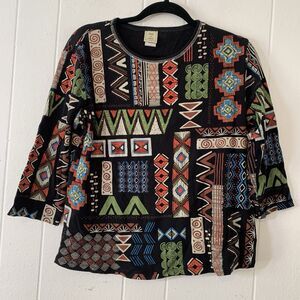 Jess & Jane Womens Large Shirt Aztec Western Rhinestones 3/4 Sleeve Boho